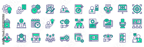 Career Mentoring icons collection. Vector illustration. Strategic, Presenter, Management, Strategy, Speech, Target, Decision making, Setting, Video presentation. Pro Vector