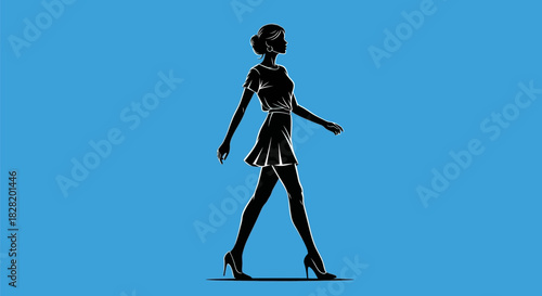 Stylish woman silhouette in high heels and a dress walking confidently across a vibrant blue background