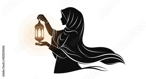 Silhouette of a woman in a hijab holding and presenting a glowing traditional lantern with warm light