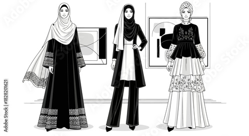 Illustration of three women in fashionable, modest attire, including hijabs, showcasing different styles and patterns