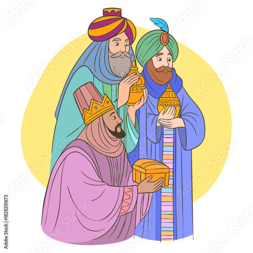 The three wise men with gifts of frankincense, gold, and myrrh for the baby Jesus