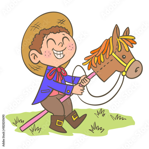 A boy riding a horse, playing at being a cowboy.