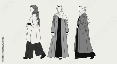 Three stylized women wearing various modest abaya and hijab outfits in a neutral color palette