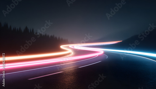 Cyberpunk-inspired night scene on a rainy highway, with striking light streaks and atmospheric mist under a dark sky, evoking a sense of speed and urban isolation.