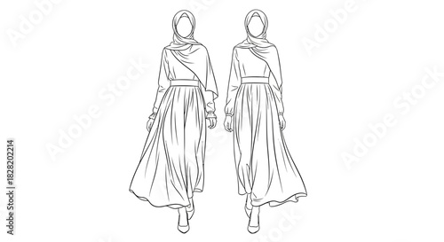 Fashion illustration two women in hijabs and modest dresses, walking. Elegant line art