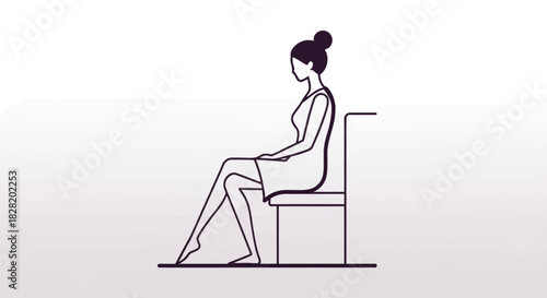 Minimalist line art illustration of a woman with a bun hairstyle, sitting sideways on a simple chair