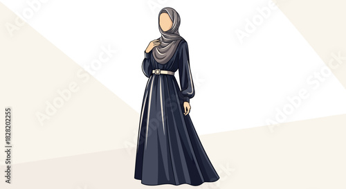 Elegant illustration of a woman wearing a dark long dress and grey hijab, standing against a neutral background
