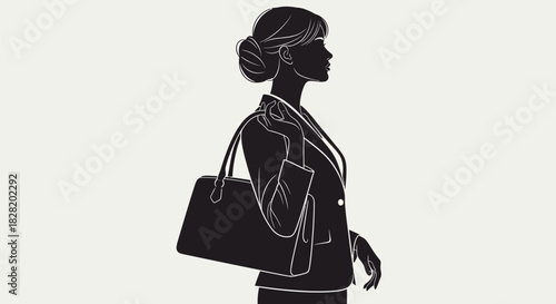 A black and white vector silhouette illustration of a businesswoman with a bun holding a handbag