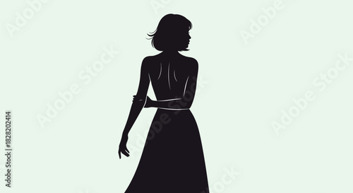 A striking dark silhouette of a woman with short hair and a flowing dress, looking over her shoulder