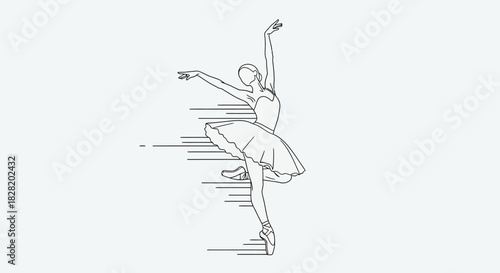 Minimalist line art of a graceful ballerina in a classical pose with flowing horizontal lines suggesting movement