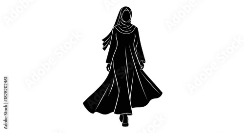 A black silhouette of a walking woman wearing a long, flowing dress and a traditional hijab on a white background
