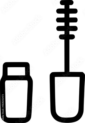 An outline icon representing a mascara wand and tube, symbolizing eye makeup, eyelash enhancement, and beauty products.