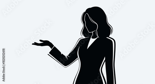 Black silhouette illustration of a woman in a business suit with wavy hair, gesturing with an open palm