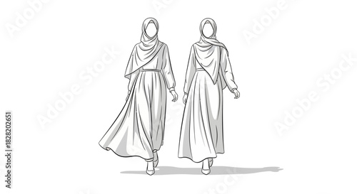 Two figures in flowing dresses and headscarves walk together, depicted in a simple line art style