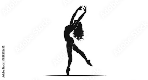 A silhouetted dancer gracefully poised on pointe with arms extended upward