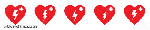 AED icon, automated external defibrillator, aed sign with heart and electricity symbol set.