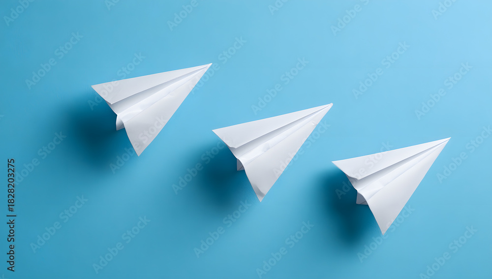 Fototapeta premium Three pristine white paper airplanes soar diagonally across a bright blue background, symbolizing concepts of progress, teamwork, innovation, and strategic forward momentum.