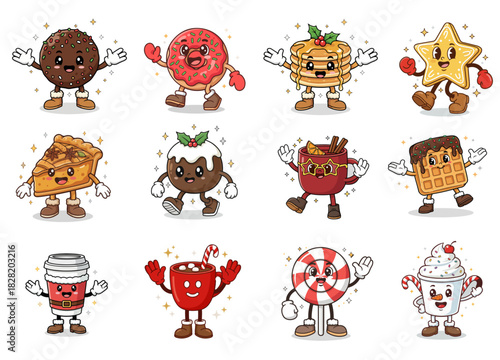 Cute Cartoon Christmas Holiday Food and Dessert Character Set