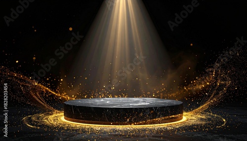 Striking stage with golden sparkles spotlight