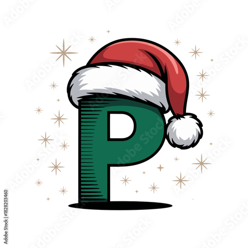 A large, green letter P is topped with a red and white Santa hat, surrounded by festive star motifs.