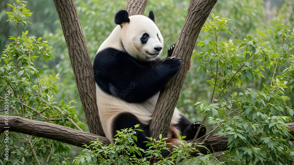 Fototapeta premium Giant panda sitting in a tree surrounded by lush green foliage bear animal