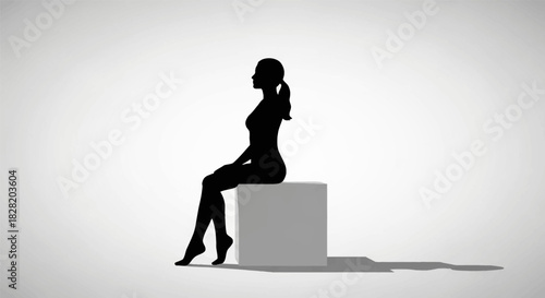 Black silhouette of a woman sitting on a gray cube casting a shadow