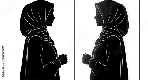 Two black silhouette profiles of women in hijabs facing each other
