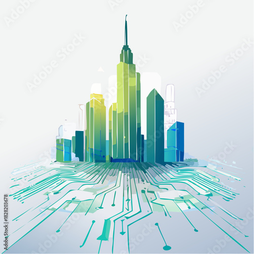 Sleek urban architecture rising from a luminous electronic circuit board, embodying the vision of a connected smart city and innovative digital infrastructure