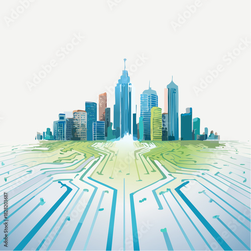 Innovative cityscape blending futuristic technology and urban development with glowing circuit board pathways