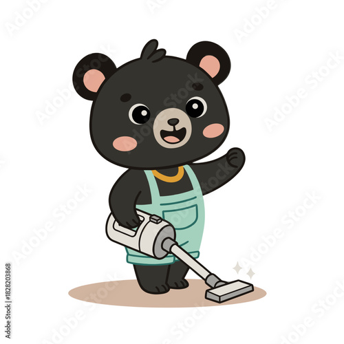 Cute cartoon bear wearing overalls is happily vacuuming floor, showcasing playful and cheerful expression. bear is depicted as janitor, emphasizing cleanliness and tidiness