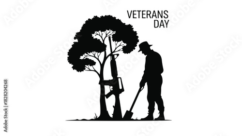 Soldier planting a tree with rifles as part of a memorial for Veterans Day