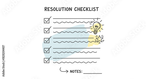 A hand-drawn resolution checklist with checked items, a lightbulb for ideas, and a starburst for achievement, accompanied by a notes section.