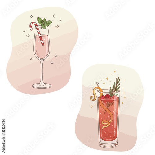 Pair of Elegant Christmas and New Year Holiday Cocktails Illustration