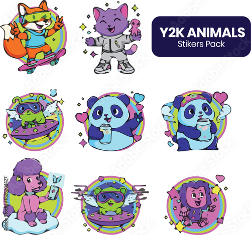 Y2K Animals Pack Vibrant cartoon animal characters set for kids, adorable alien bear, cat astronaut, fox skater, panda drinking, poodle with butterfly, whimsical designs for fun
