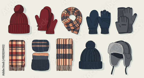 A collection of warm winter accessories including knitted hats, plaid scarves, and cozy gloves for cold weather.