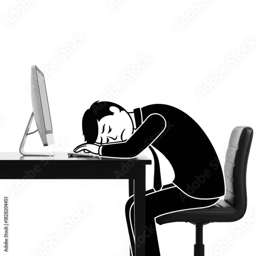 Exhausted Businessman Sleeping at Desk in Front of Computer.