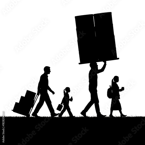 Family Emigration Silhouette - Moving Forward with Belongings and Hope.