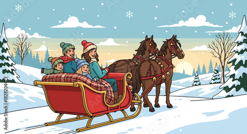 Family riding in a horse-drawn sleigh through a snowy winter landscape.