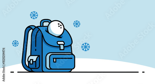 Vector illustration of a blue backpack with a golf ball sitting in a winter snow scene with snowflakes.
