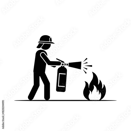 Firefighter Extinguishing Flames with Fire Extinguisher in Silhouette Illustration.