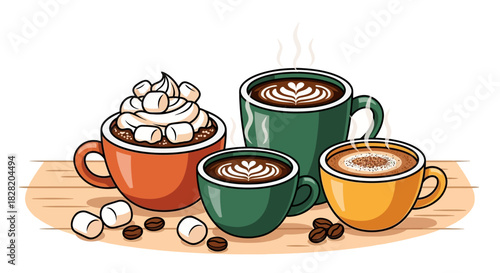 Four different coffee mugs with various toppings and designs, on a wooden surface.