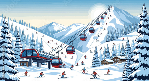 A vibrant illustration of a snowy mountain ski resort with skiers, gondolas, and trees.
