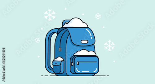 Illustration of a blue backpack covered in snow with snowflakes falling in the background.