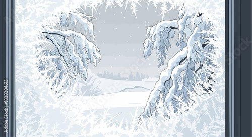 A serene winter landscape with snow-covered trees viewed through a frosted window pane.