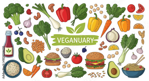 A vibrant collection of vegan food items, including fresh vegetables, fruits, nuts, legumes, and prepared dishes, with 'VEGANUARY' text.