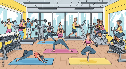 Gym interior with people exercising on equipment and doing yoga.