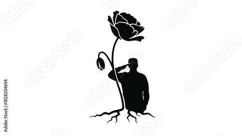 Silhouette of a soldier saluting a blooming poppy, symbolizing remembrance and growth.