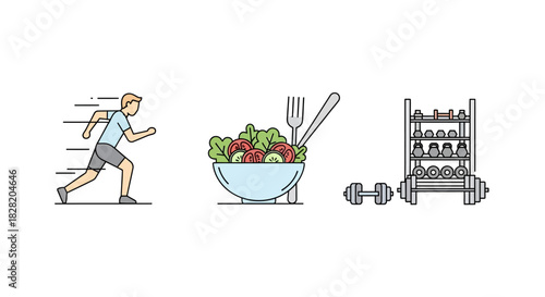 Three line art icons representing a healthy lifestyle: running, a salad bowl, and gym weights.