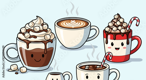 A collection of cute cartoon coffee and hot chocolate mugs with various toppings and designs.