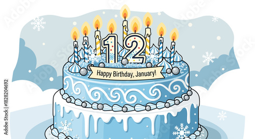 A festive two-tiered birthday cake decorated with wintery blue frosting and snowflakes, celebrating a 12th birthday in January.